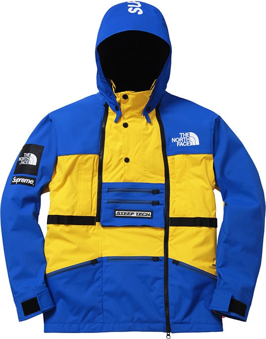 blue and yellow north face jacket