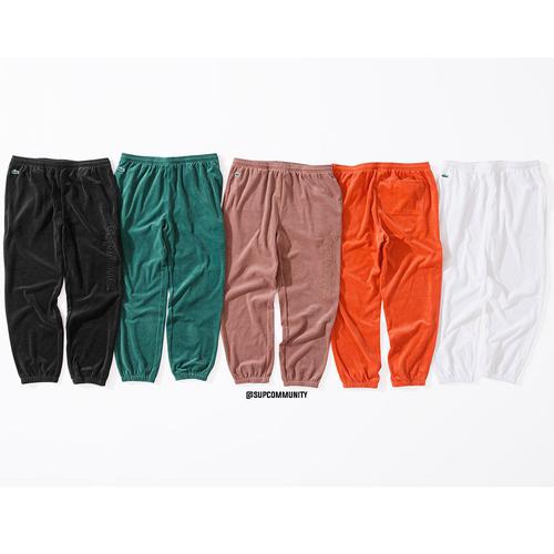 Details on Supreme LACOSTE Velour Track Pant from spring summer
                                            2018 (Price is $148)