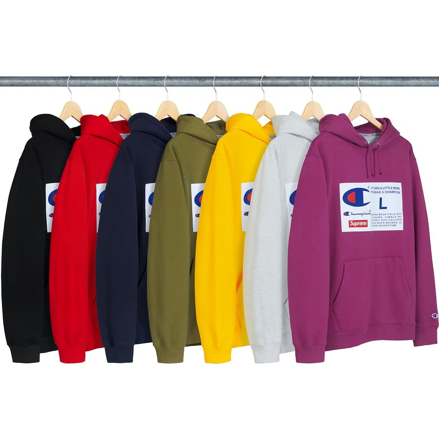 Details on Supreme Champion Label Hooded Sweatshirt from fall winter
                                            2018 (Price is $158)