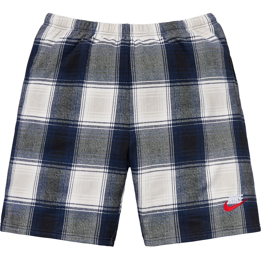 Details on Supreme Nike Plaid Sweatshort Navy from fall winter
                                                    2018 (Price is $108)