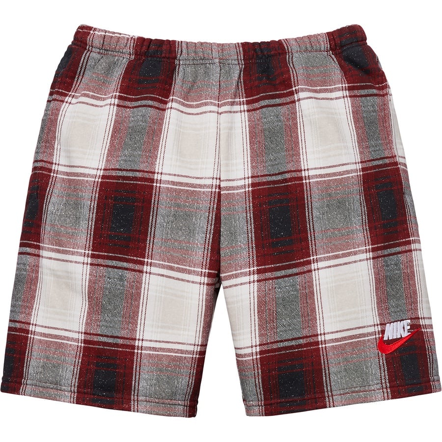 Details on Supreme Nike Plaid Sweatshort Burgundy from fall winter
                                                    2018 (Price is $108)