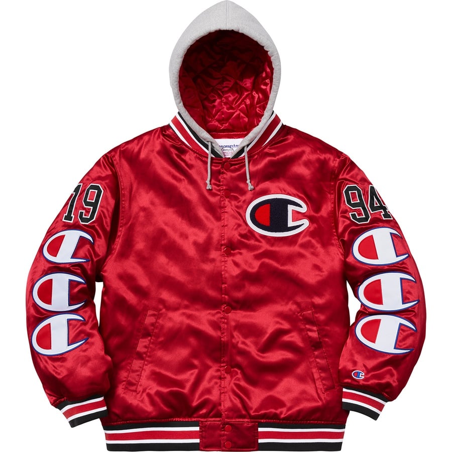 Details on Supreme Champion Hooded Satin Varsity Jacket Red from fall winter
                                                    2018 (Price is $218)