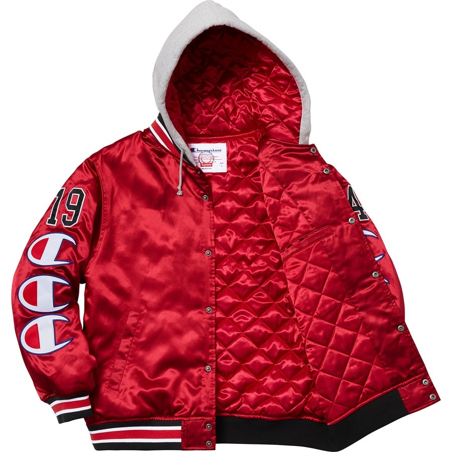 Details on Supreme Champion Hooded Satin Varsity Jacket Red from fall winter
                                                    2018 (Price is $218)
