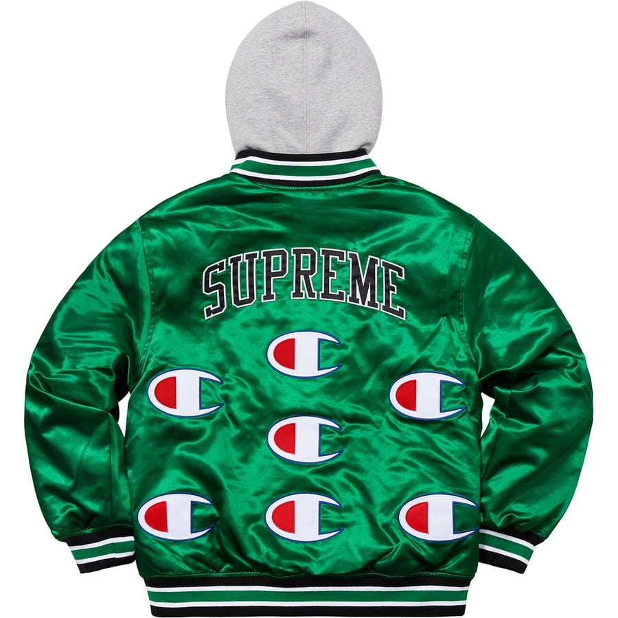 Details on Supreme Champion Hooded Satin Varsity Jacket Kelly Green from fall winter
                                                    2018 (Price is $218)