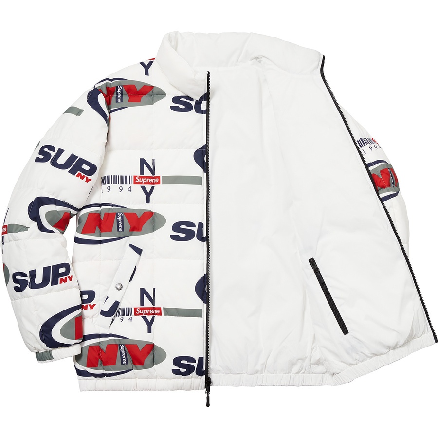 Details on Supreme NY Reversible Puffy Jacket White from fall winter
                                                    2018 (Price is $198)