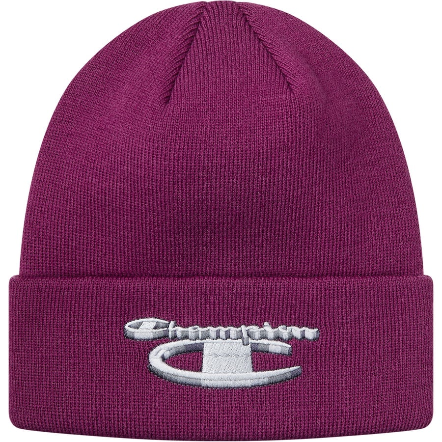 Details on Supreme Champion 3D Metallic Beanie Bright Purple from fall winter
                                                    2018 (Price is $36)