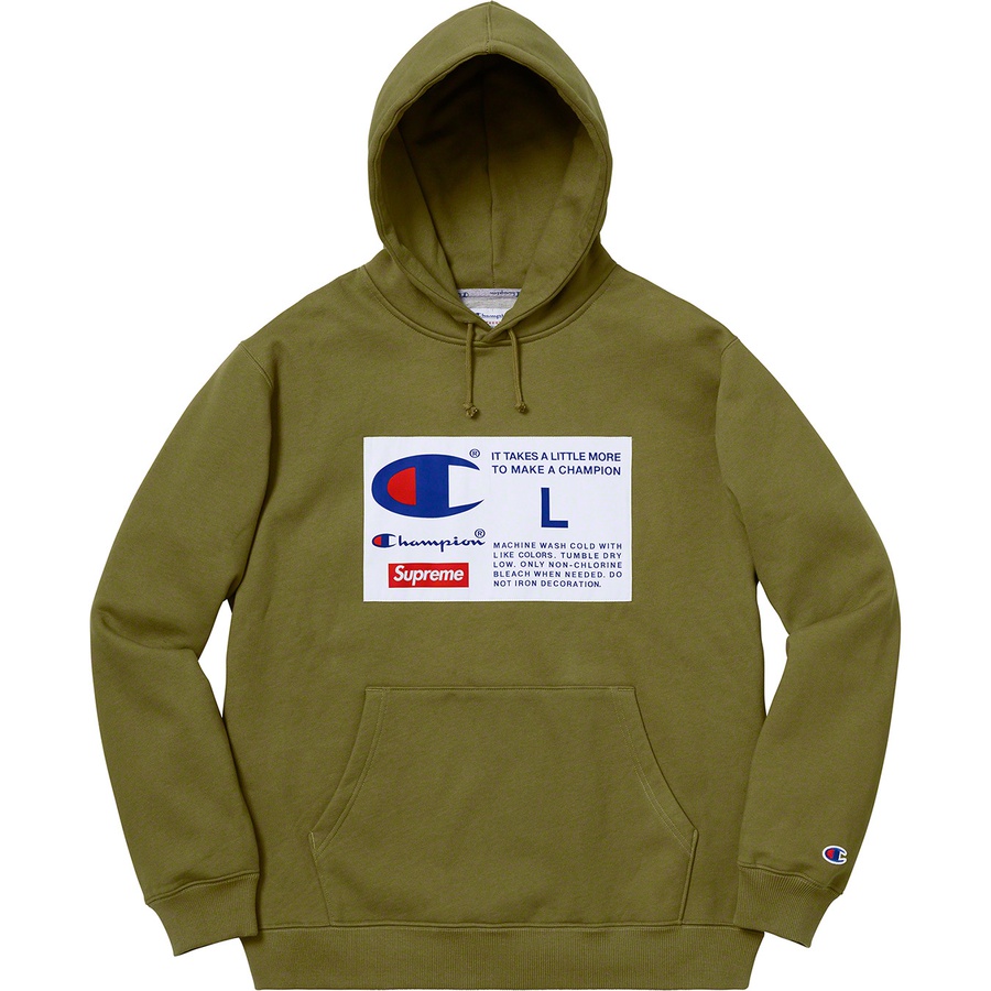 Details on Supreme Champion Label Hooded Sweatshirt Olive from fall winter
                                                    2018 (Price is $158)