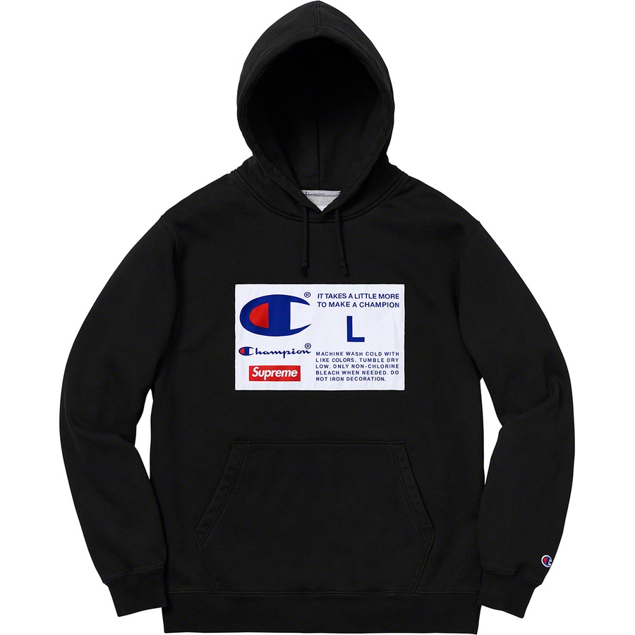 Details on Supreme Champion Label Hooded Sweatshirt Black from fall winter
                                                    2018 (Price is $158)