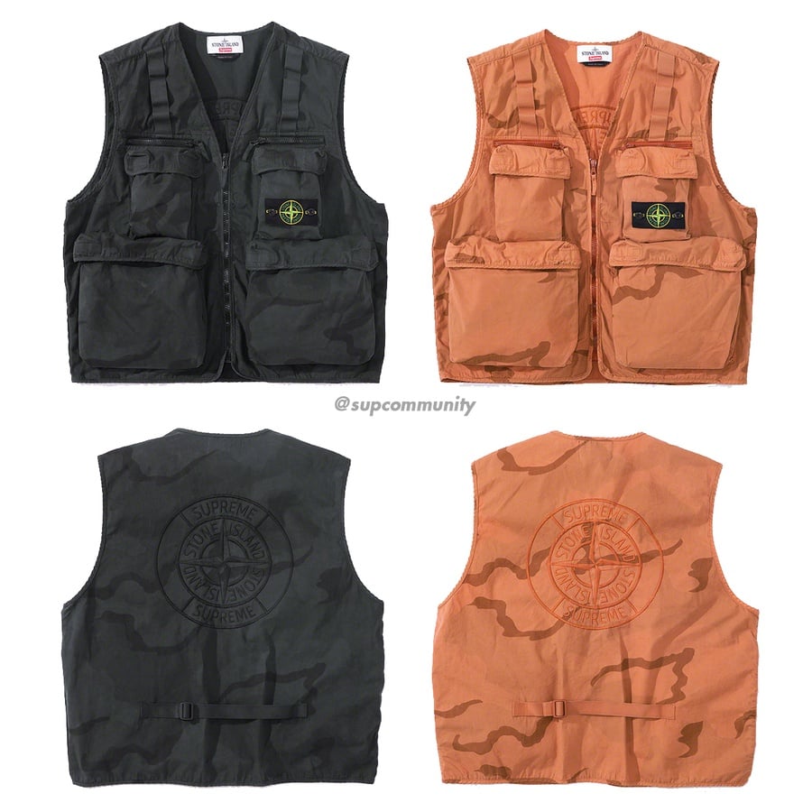Details on Supreme Stone Island Camo Cargo Vest from spring summer
                                            2019 (Price is $398)