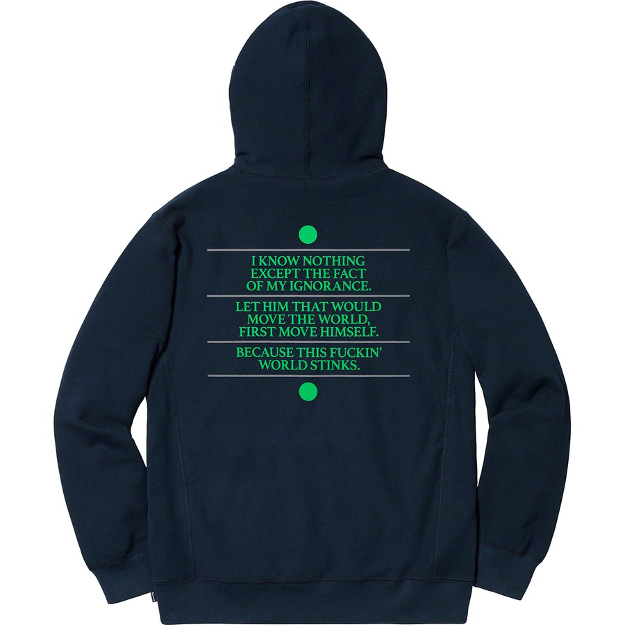 Details on Know Thyself Hooded Sweatshirt Navy from spring summer
                                                    2019 (Price is $158)