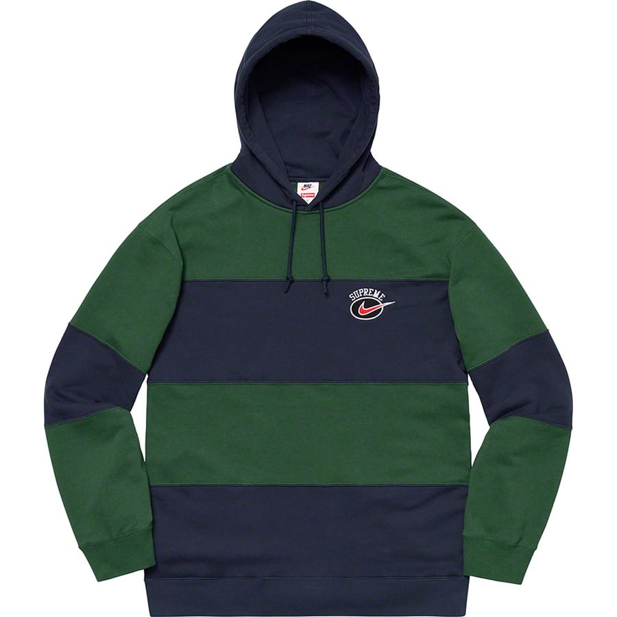 Details on Supreme Nike Stripe Hooded Sweatshirt Navy from spring summer
                                                    2019 (Price is $138)
