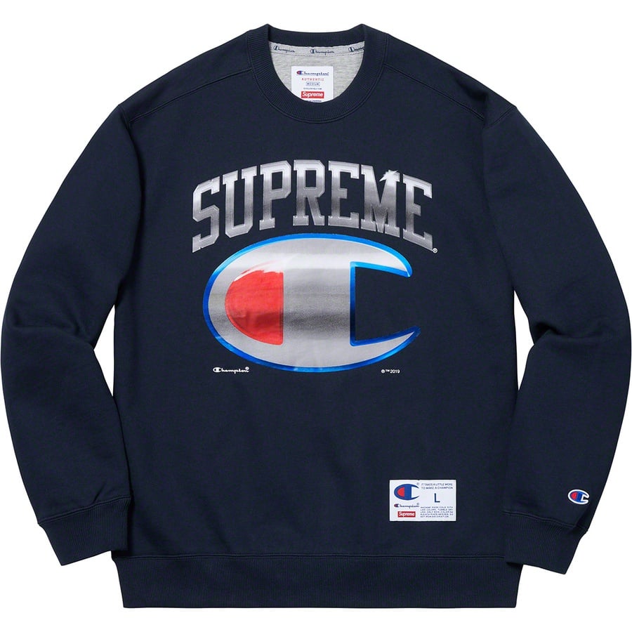 Details on Supreme Champion Chrome Crewneck Navy from spring summer
                                                    2019 (Price is $148)