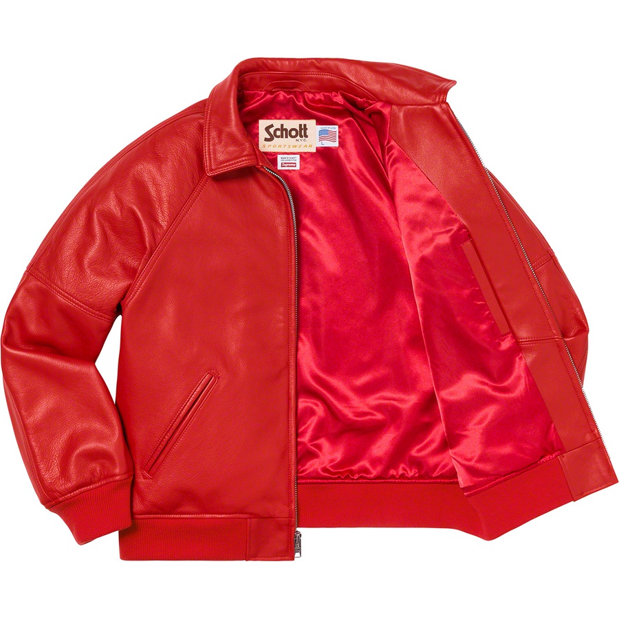 Details on Martin Wong Supreme Schott 8-Ball Leather Varsity Jacket Red from fall winter
                                                    2019 (Price is $798)