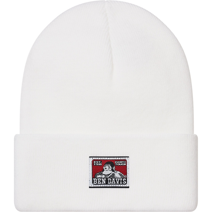 Details on Supreme Ben Davis Beanie White from fall winter
                                                    2019 (Price is $38)