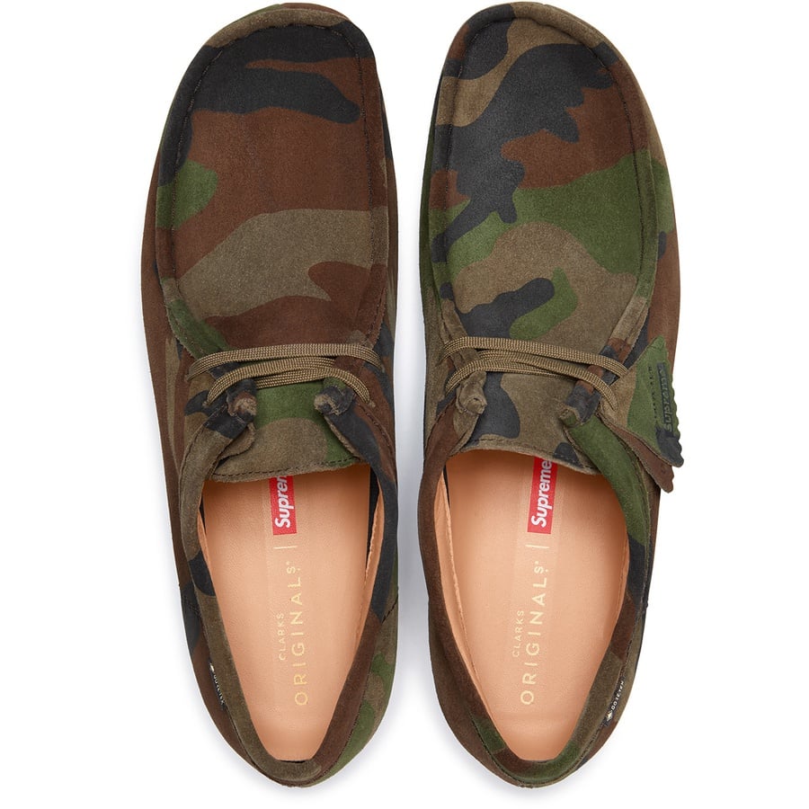 Details on Supreme Clarks Originals GORE-TEX Wallabee Woodland Camo from fall winter
                                                    2019 (Price is $198)