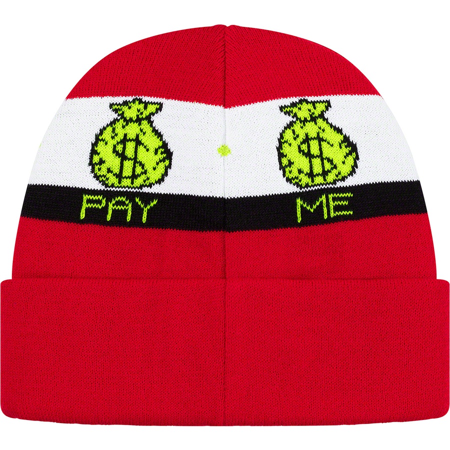 Details on Pay Me Beanie Red from fall winter
                                                    2019 (Price is $34)