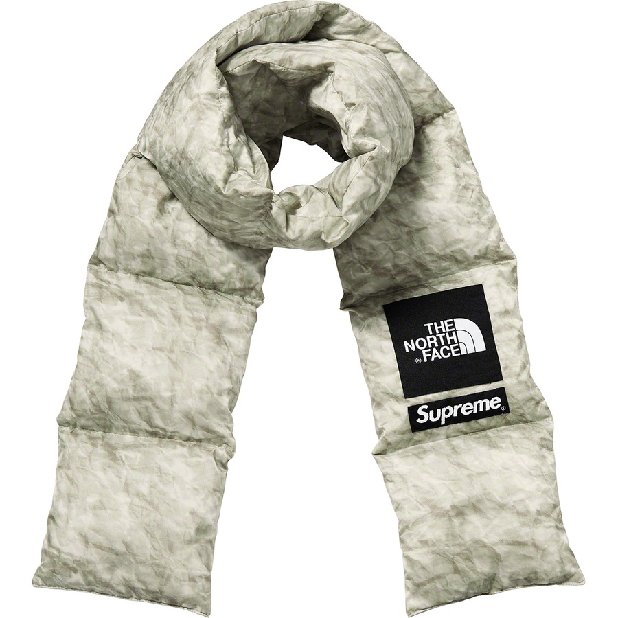 Details on Supreme The North Face Paper Print 700-Fill Down Scarf Paper Print from fall winter
                                                    2019 (Price is $98)