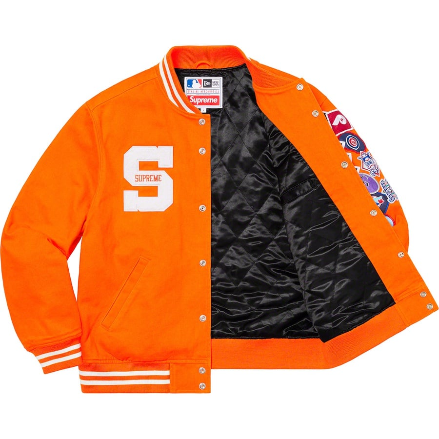 Details on Supreme New Era MLB Varsity Jacket Orange from spring summer
                                                    2020 (Price is $328)