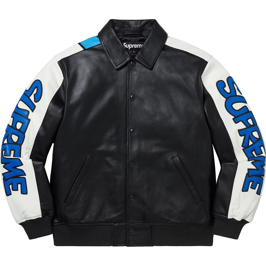 Details on Supreme Smurfs™ Leather Varsity Jacket Black from fall winter
                                                    2020 (Price is $788)
