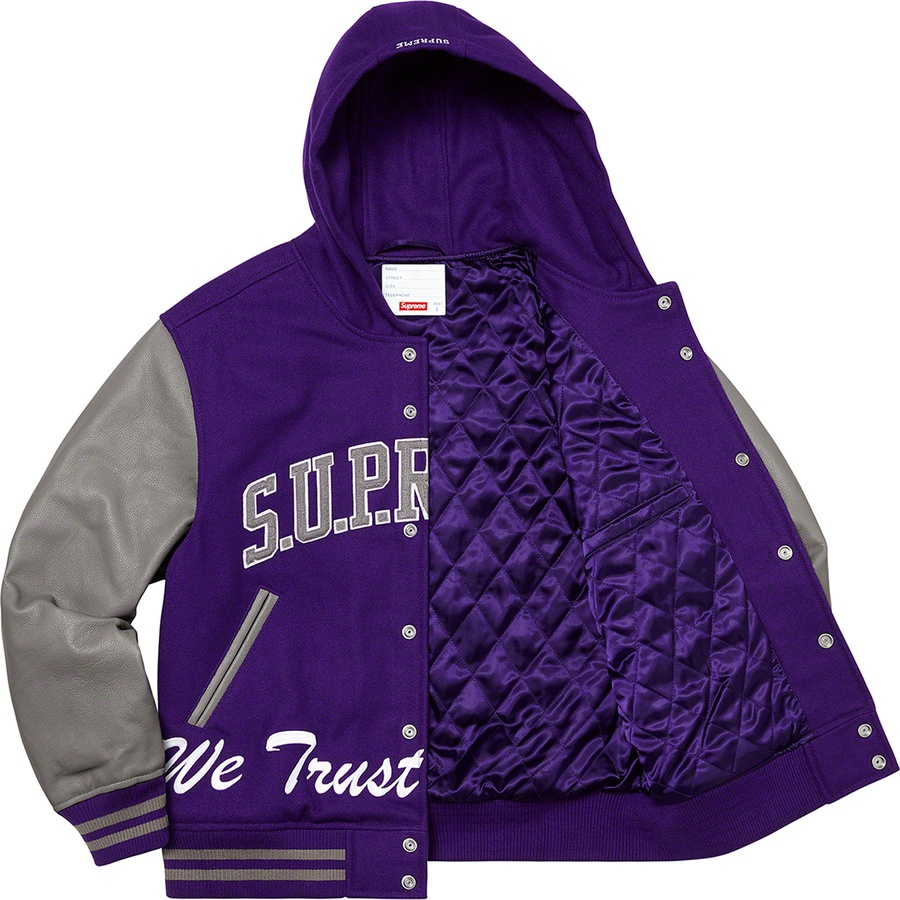 Details on King Hooded Varsity Jacket Purple from fall winter
                                                    2020 (Price is $448)