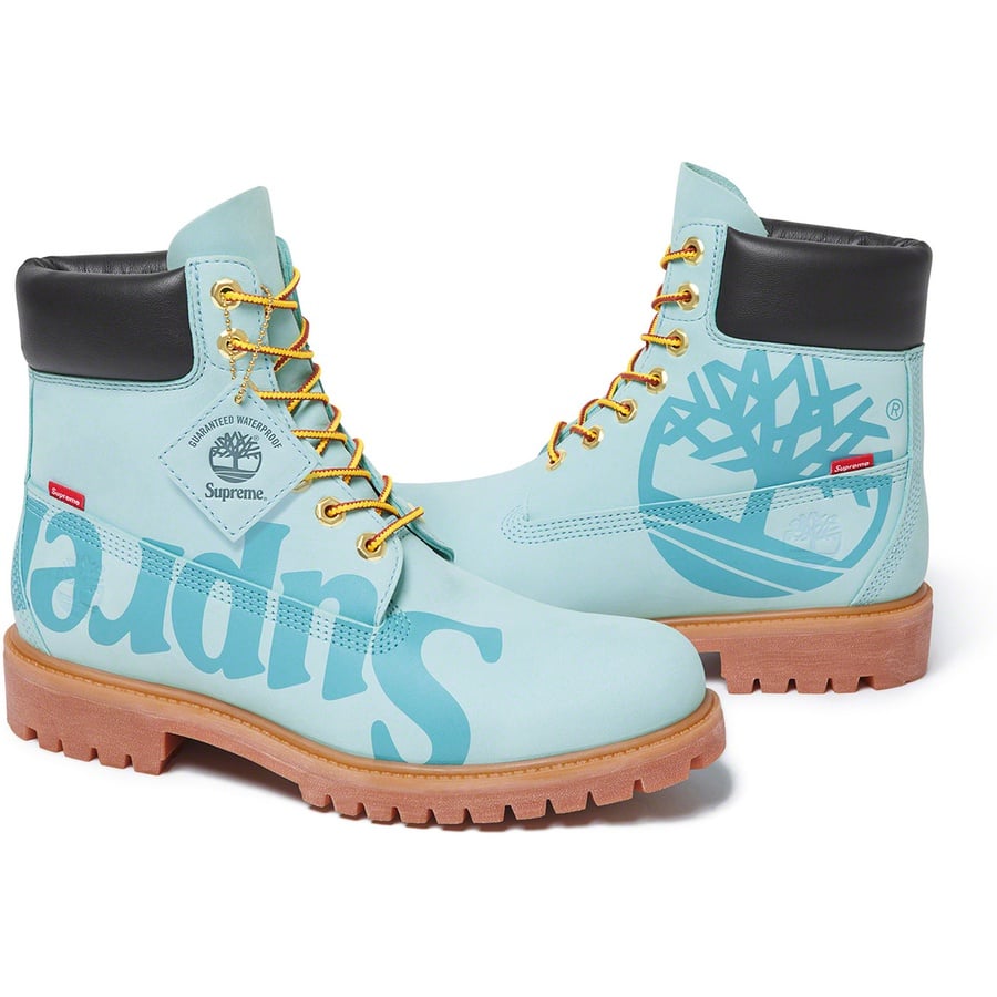 Details on Supreme Timberland Big Logo 6-Inch Premium Waterproof Boot Light Blue from fall winter
                                                    2020 (Price is $248)