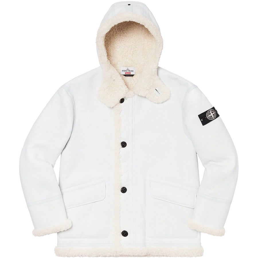 Details on Supreme Stone Island Hand-Painted Hooded Shearling Jacket White from fall winter
                                                    2020 (Price is $2798)