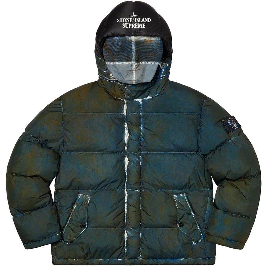 Details on Supreme Stone Island Painted Camo Crinkle Down Jacket Dark Teal from fall winter
                                                    2020 (Price is $998)