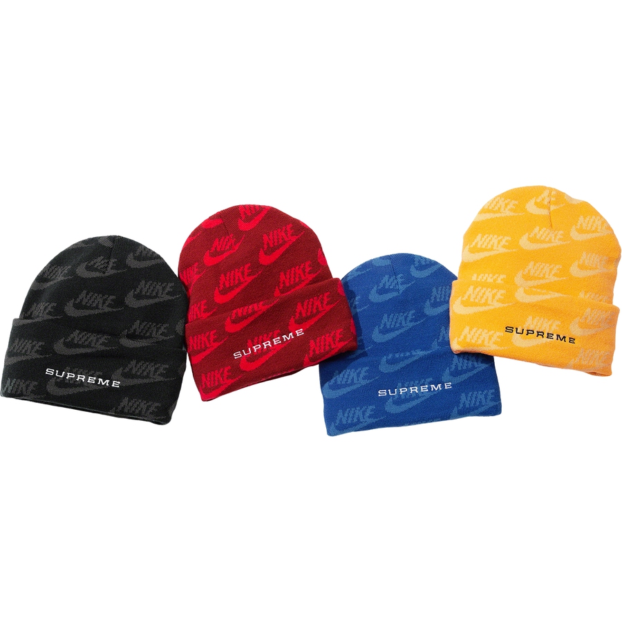Details on Supreme Nike Jacquard Logos Beanie from spring summer
                                            2021 (Price is $38)
