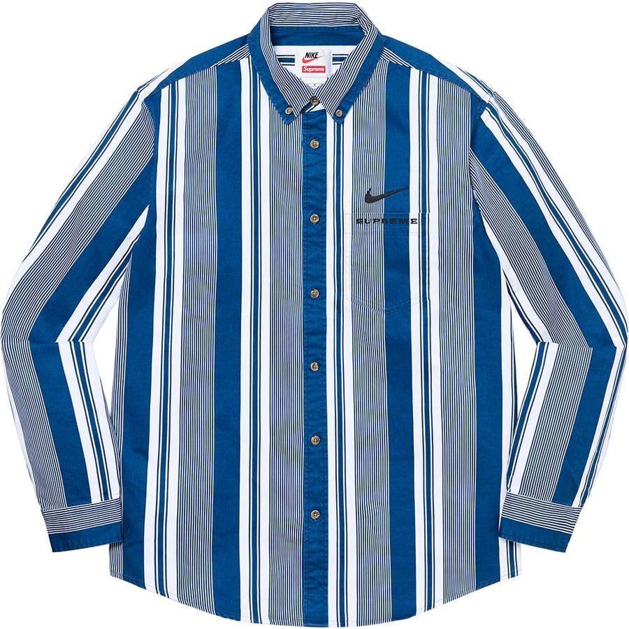 Details on Supreme Nike Cotton Twill Shirt Blue Stripe from spring summer
                                                    2021 (Price is $128)