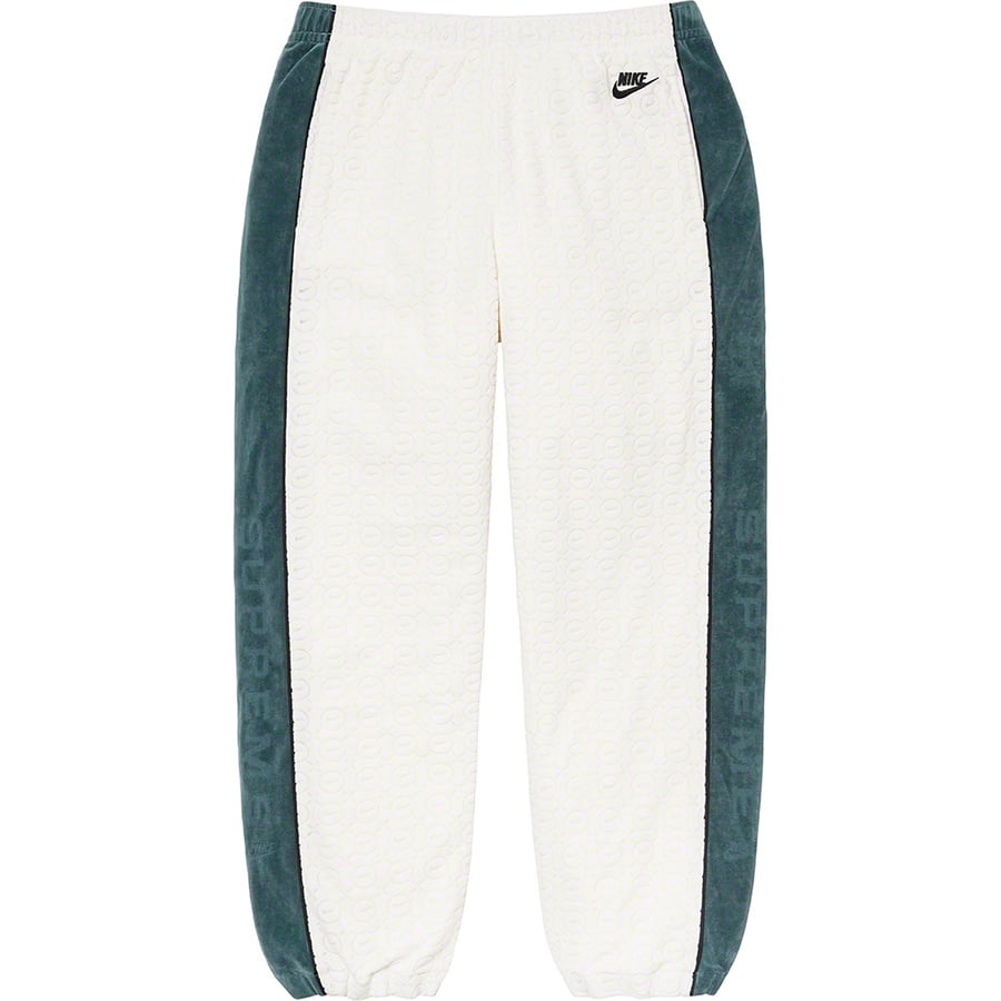 Details on Supreme Nike Velour Track Pant White from spring summer
                                                    2021 (Price is $138)