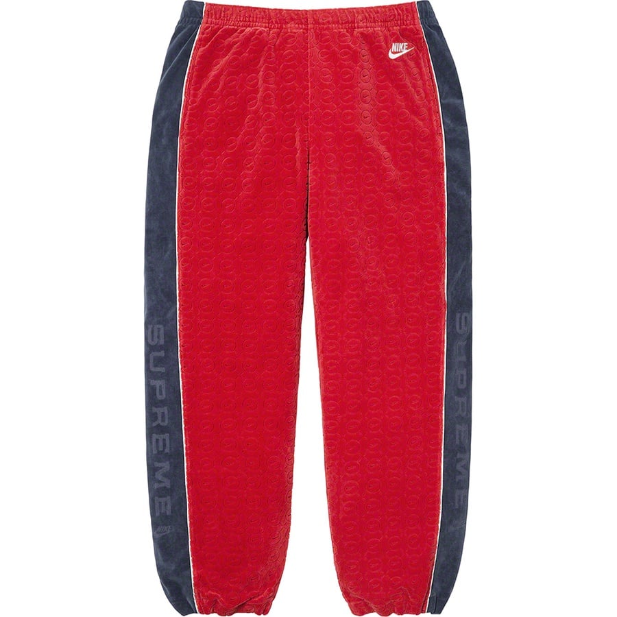 Details on Supreme Nike Velour Track Pant Red from spring summer
                                                    2021 (Price is $138)