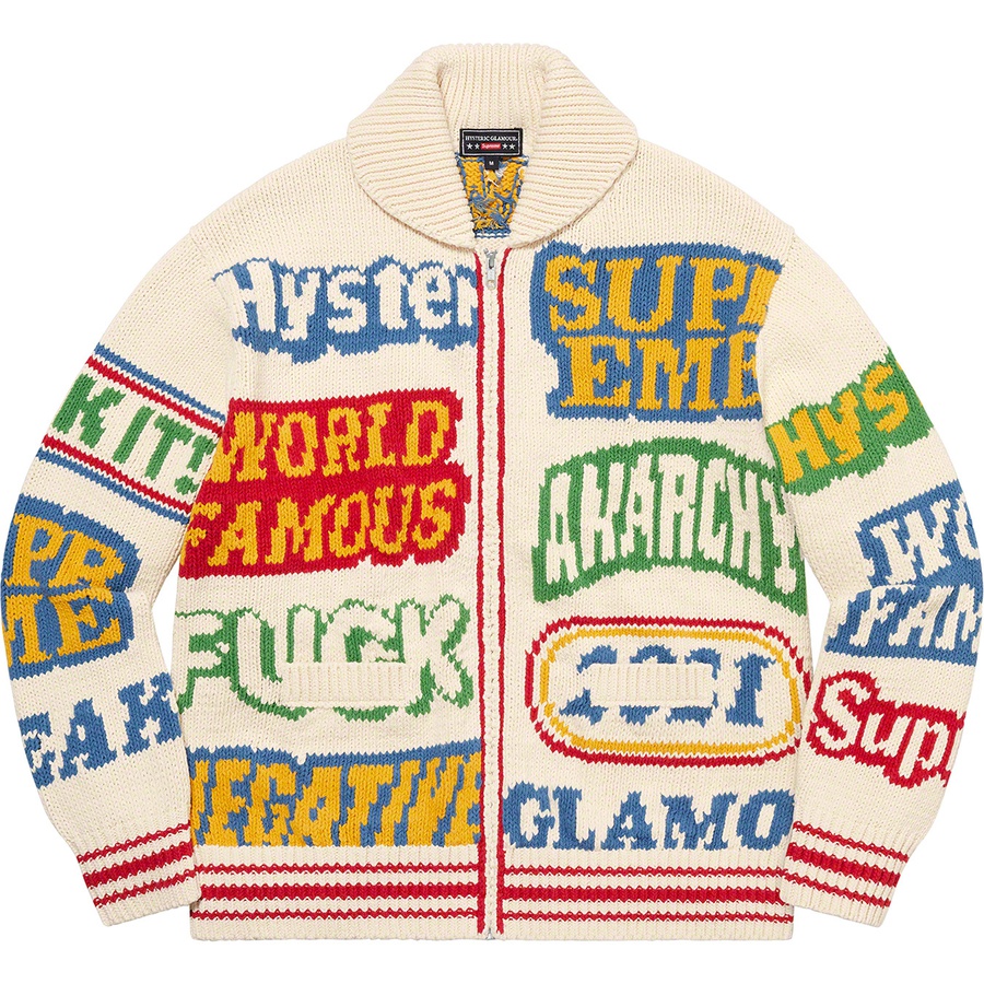 Details on Supreme HYSTERIC GLAMOUR Logos Zip Up Sweater Natural from spring summer
                                                    2021 (Price is $368)