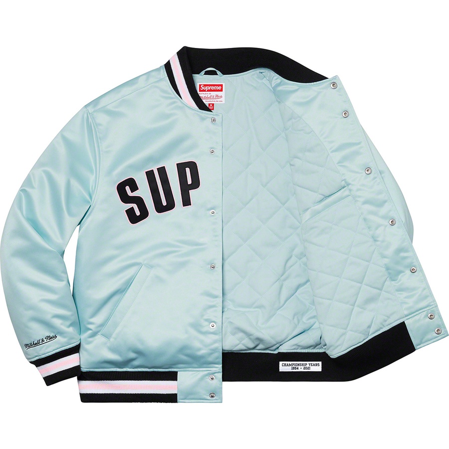 Details on Supreme Mitchell & Ness Satin Varsity Jacket Light Blue from spring summer
                                                    2021 (Price is $248)
