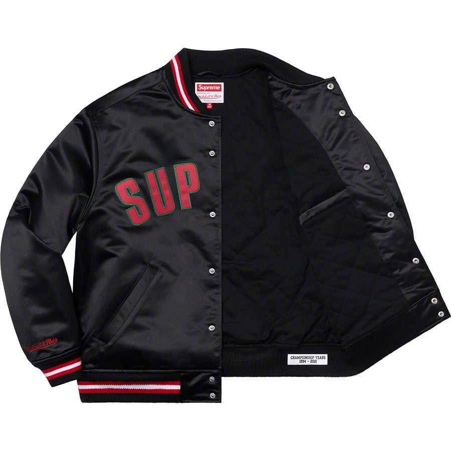 Details on Supreme Mitchell & Ness Satin Varsity Jacket Black from spring summer
                                                    2021 (Price is $248)