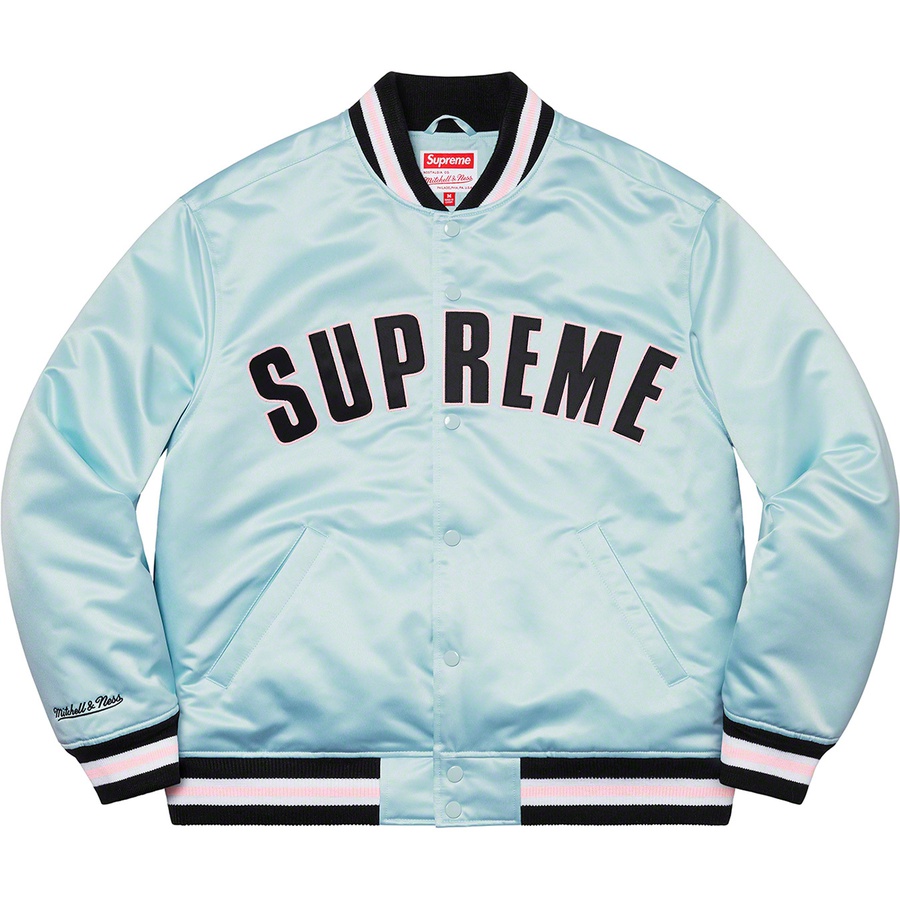 Details on Supreme Mitchell & Ness Satin Varsity Jacket Light Blue from spring summer
                                                    2021 (Price is $248)