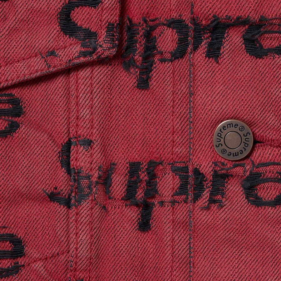 Details on Frayed Logos Denim Trucker Jacket Red from spring summer
                                                    2021 (Price is $238)