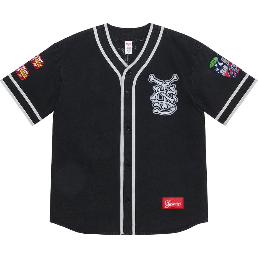 Details on Patches Denim Baseball Jersey Black from spring summer
                                                    2021 (Price is $198)
