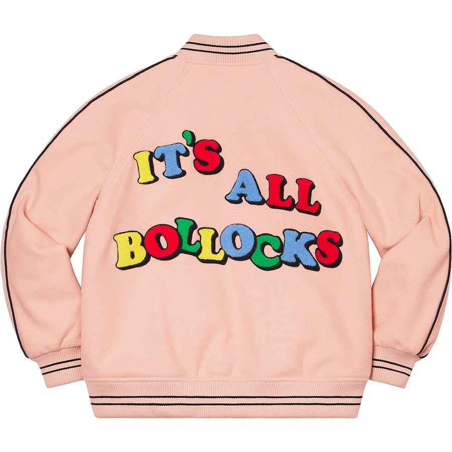 Details on Jamie Reid Supreme It's All Bollocks Varsity Jacket Dusty Pink from spring summer
                                                    2021 (Price is $368)