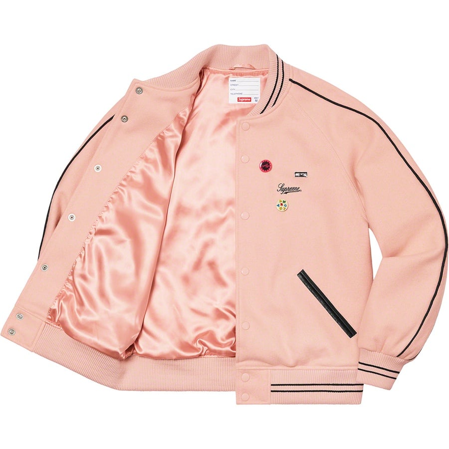 Details on Jamie Reid Supreme It's All Bollocks Varsity Jacket Dusty Pink from spring summer
                                                    2021 (Price is $368)