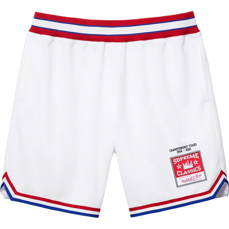 Details on Supreme Mitchell & Ness Basketball Short White from spring summer
                                                    2021 (Price is $138)