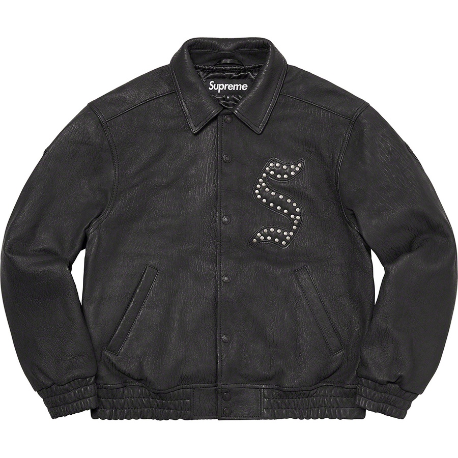 Details on Pebbled Leather Varsity Jacket Black from fall winter
                                                    2021 (Price is $798)
