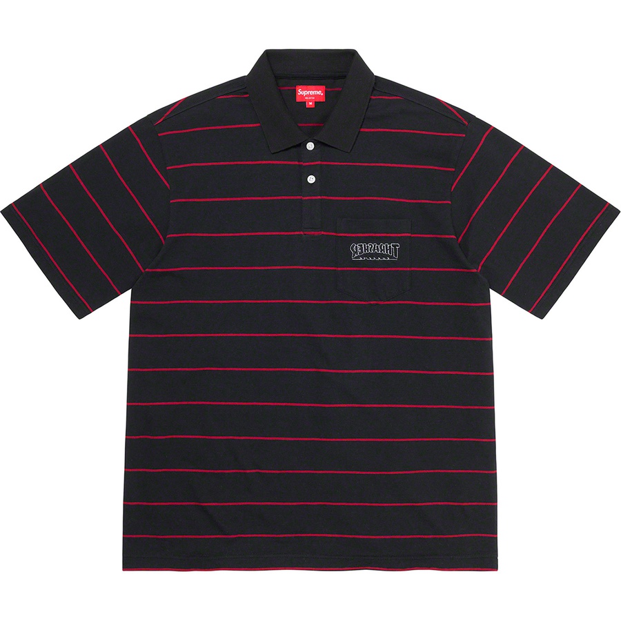 Details on Supreme Thrasher Stripe Polo Black from fall winter
                                                    2021 (Price is $98)
