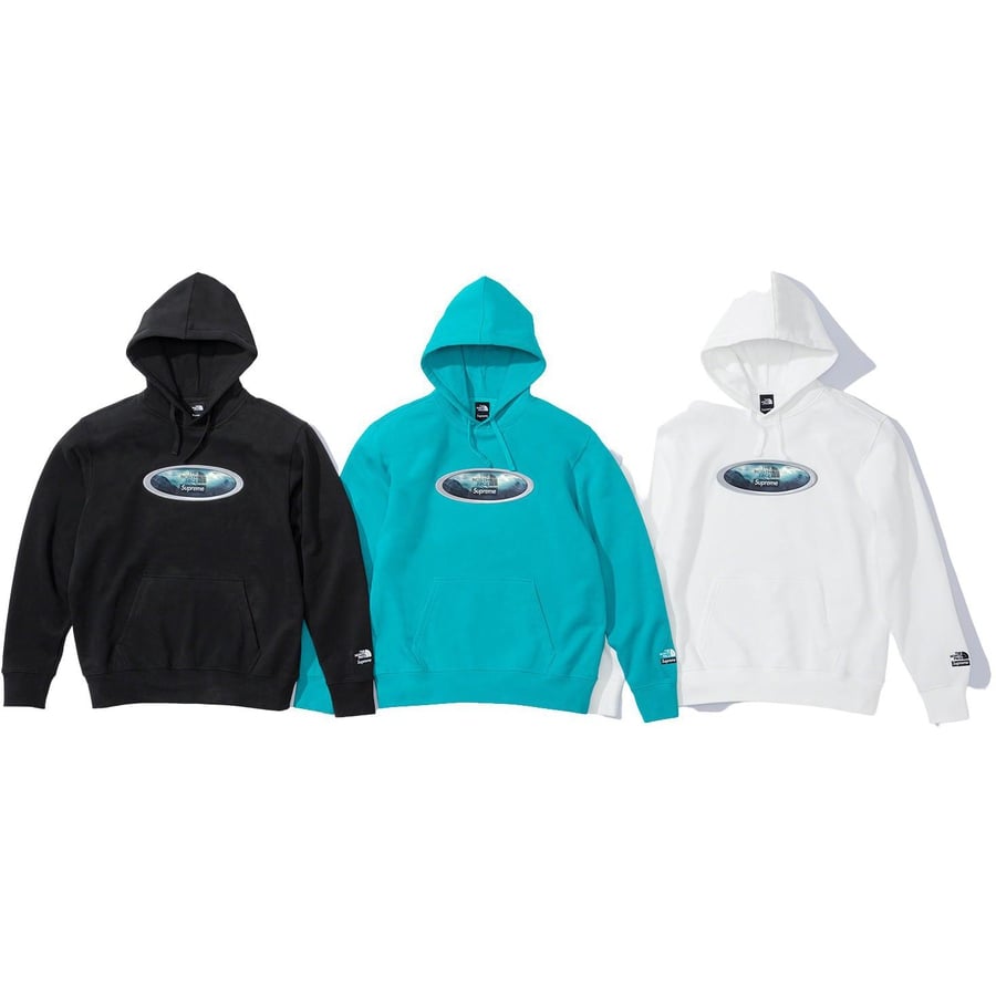 Details on Supreme The North Face Lenticular Mountains Hooded Sweatshirt from fall winter
                                            2021 (Price is $148)
