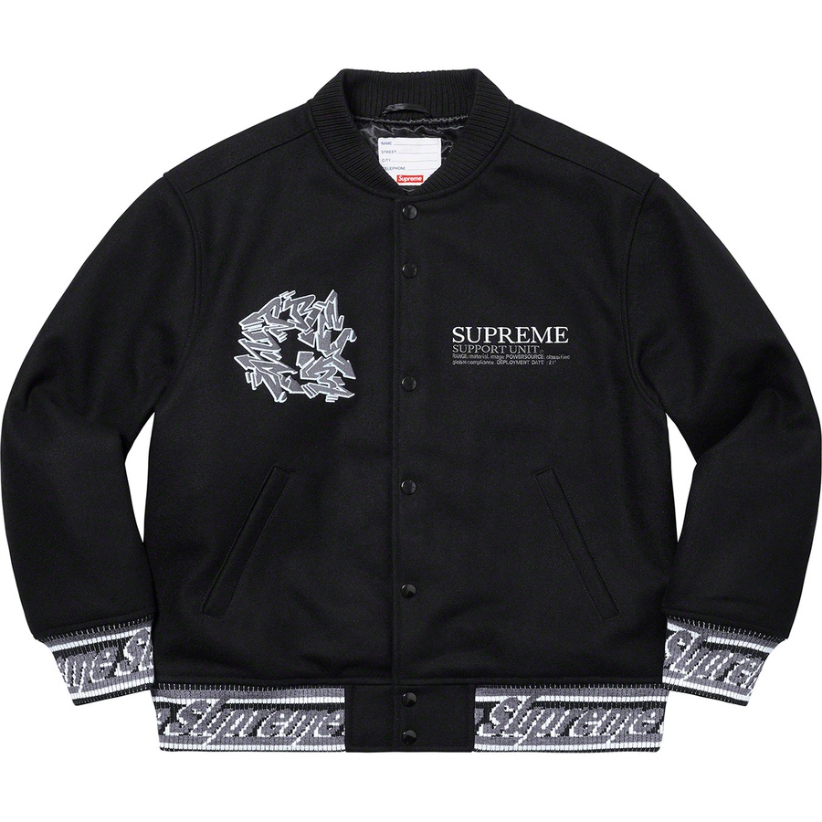 Details on Support Unit Varsity Jacket Black from fall winter
                                                    2021 (Price is $388)
