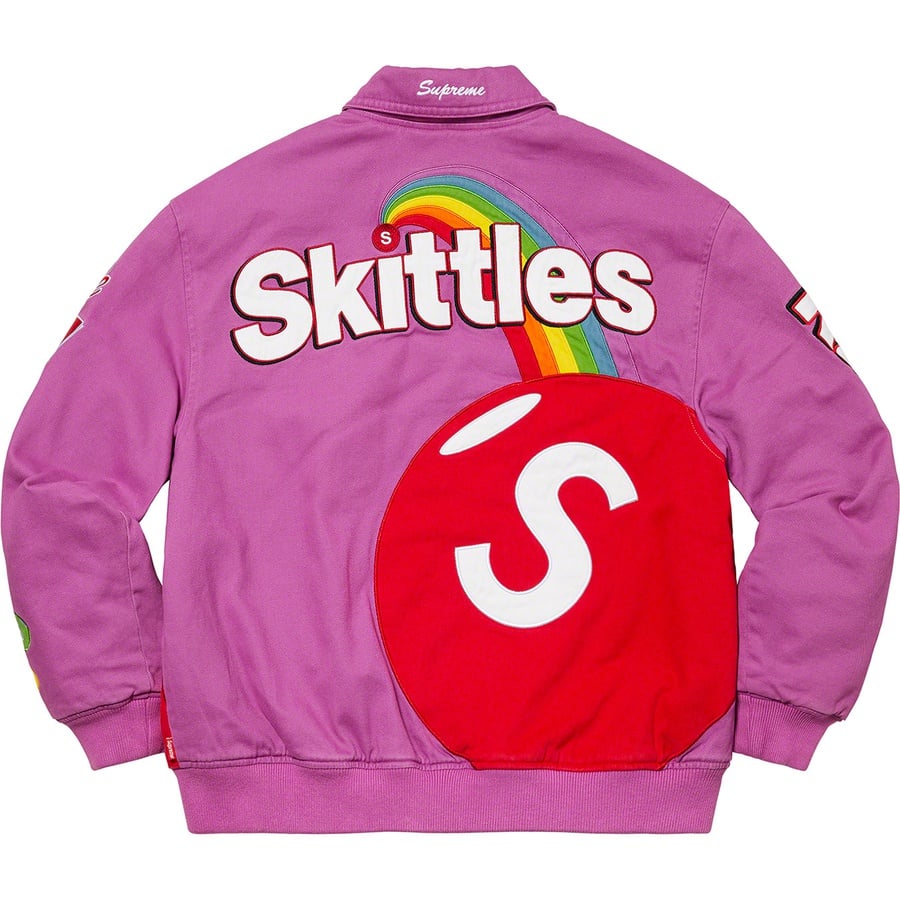 Details on Supreme Skittles <wbr>Mitchell & Ness Varsity Jacket Purple from fall winter
                                                    2021 (Price is $368)