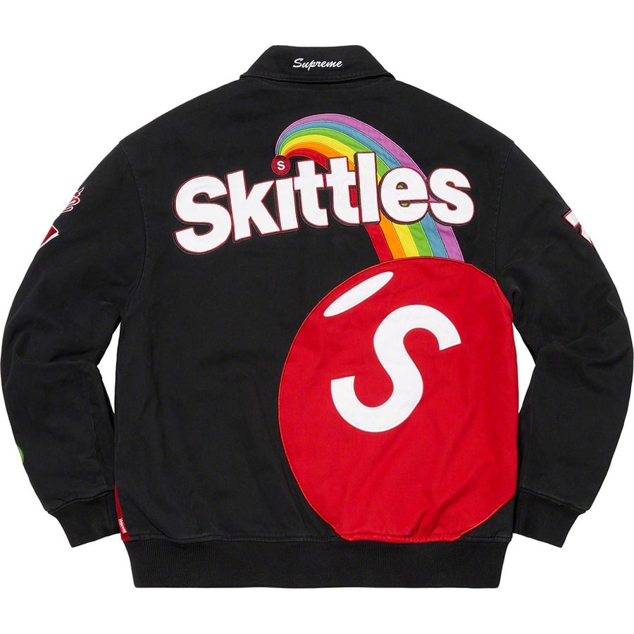Details on Supreme Skittles <wbr>Mitchell & Ness Varsity Jacket Black from fall winter
                                                    2021 (Price is $368)
