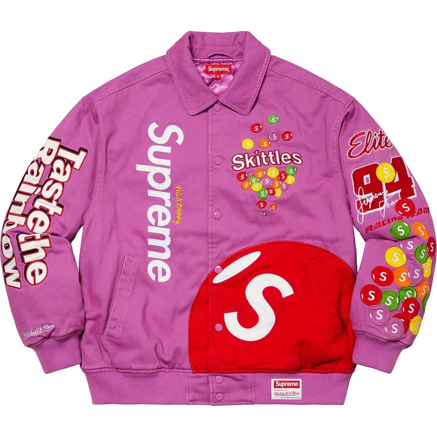 Details on Supreme Skittles <wbr>Mitchell & Ness Varsity Jacket Purple from fall winter
                                                    2021 (Price is $368)