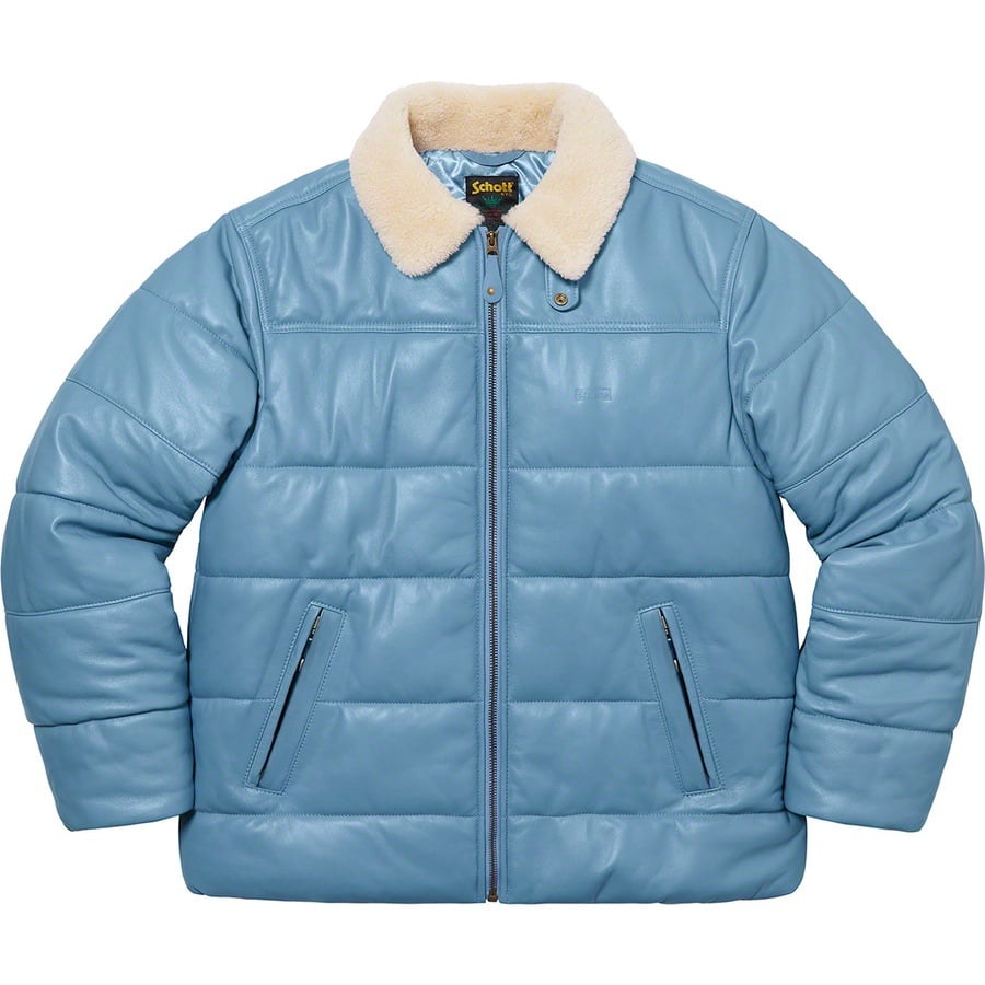 Details on Supreme Schott Shearling Collar Leather Puffy Jacket Light Blue from fall winter
                                                    2021 (Price is $948)