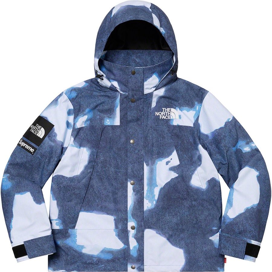 Details on Supreme The North Face Bleached Denim Print Mountain Jacket Indigo from fall winter
                                                    2021 (Price is $388)