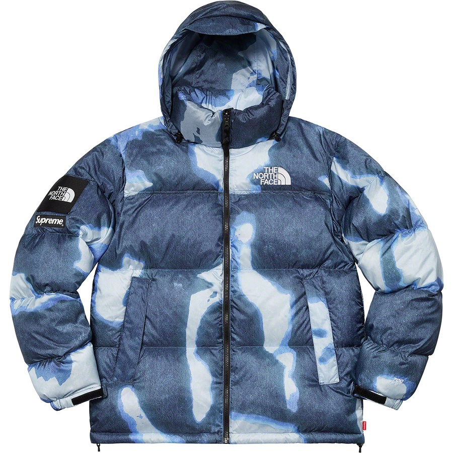 Details on Supreme The North Face Bleached Denim Print Nuptse Jacket Indigo from fall winter
                                                    2021 (Price is $398)